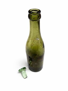 VTG  Olive Green Glass Bottle with Clear Glass Stopper 8" Tall